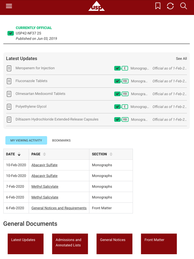 USP-NF Mobile app dashboard screenshot